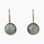 A matched pair of natural abalone pearl shepards hook style earrings measuring 9mm from Mendocino, California, set in 14-karat yellow gold.