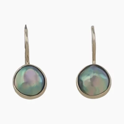A matched pair of natural abalone pearl shepards hook style earrings measuring 9mm from Mendocino, California, set in 14-karat yellow gold.