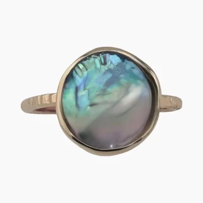 Ring with a natural abalone pearl from Shelter Cove, California measuring 13mm set in solid 14-karat yellow gold.