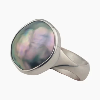 Ring with a natural oval-shaped abalone pearl measuring 14 x 12mm from Mendocino, California set in sterling silver.