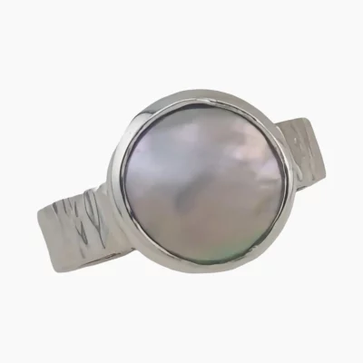 Ring with a natural abalone pearl measuring 11mm from Mendocino, California set in sterling silver.