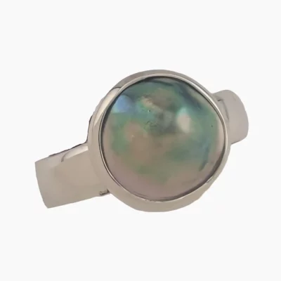 Ring with a natural abalone pearl from Mendocino, California, measuring 11mm. Set in sterling silver.