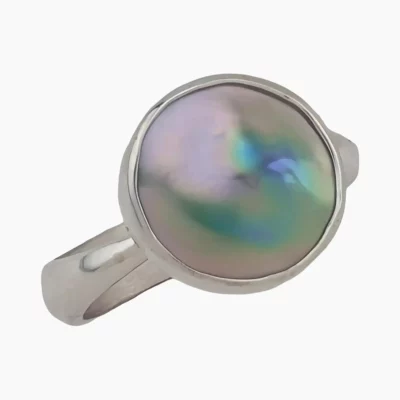 Ring with a natural abalone pearl from Mendocino, California, measuring 13mm. Set in sterling silver.