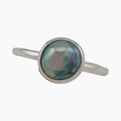 Ring with a natural abalone pearl from Mendocino, California, measuring 8mm. Set in sterling silver.
