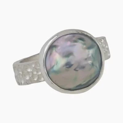 Ring with a natural abalone pearl from Mendocino, California, measuring 12mm. Set in sterling silver.
