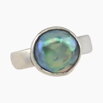 Ring with natural abalone pearl from Mendocino, California, measuring 12.5mm. Set in sterling silver.