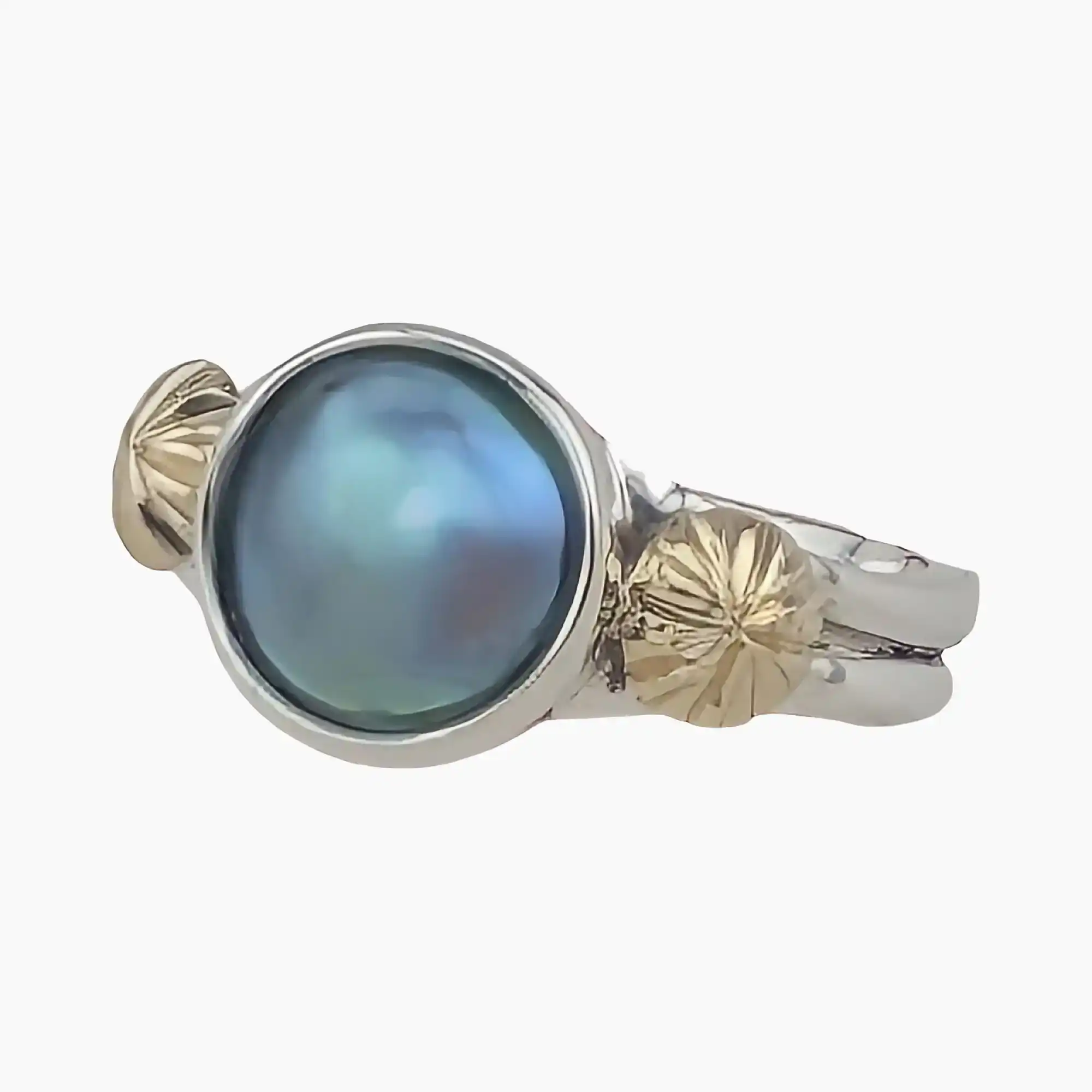Ring with natural abalone pearl measuring 9.5mm from Mendocino, California set in sterling silver with hand engraved, solid 18-karat yellow gold accents.