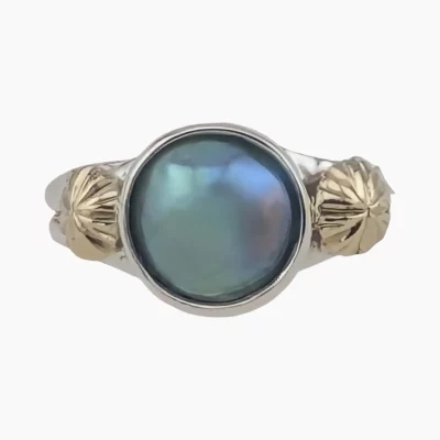 Ring with natural abalone pearl measuring 9.5mm from Mendocino, California set in sterling silver with hand engraved, solid 18-karat yellow gold accents.