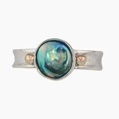 Ring with a natural abalone pearl measuring 8.8mm from Mendocino, California, set in sterling silver with solid 14-karat yellow gold accents.