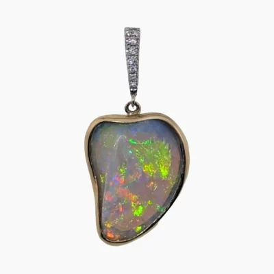 Pendant with a beautiful 3.34-carat opalized 16x14mm freeform clamshell from Lambina, Australia set in 18-karat yellow gold bezel with a 14-karat white gold bail set with 5 round VS1G diamonds - TW x 0.07 carats.