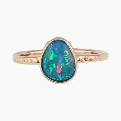 Ring with a pear-shaped Ethiopian 1.66-carat opal measuring 9 x 6mm, set in solid 14-karat yellow gold.