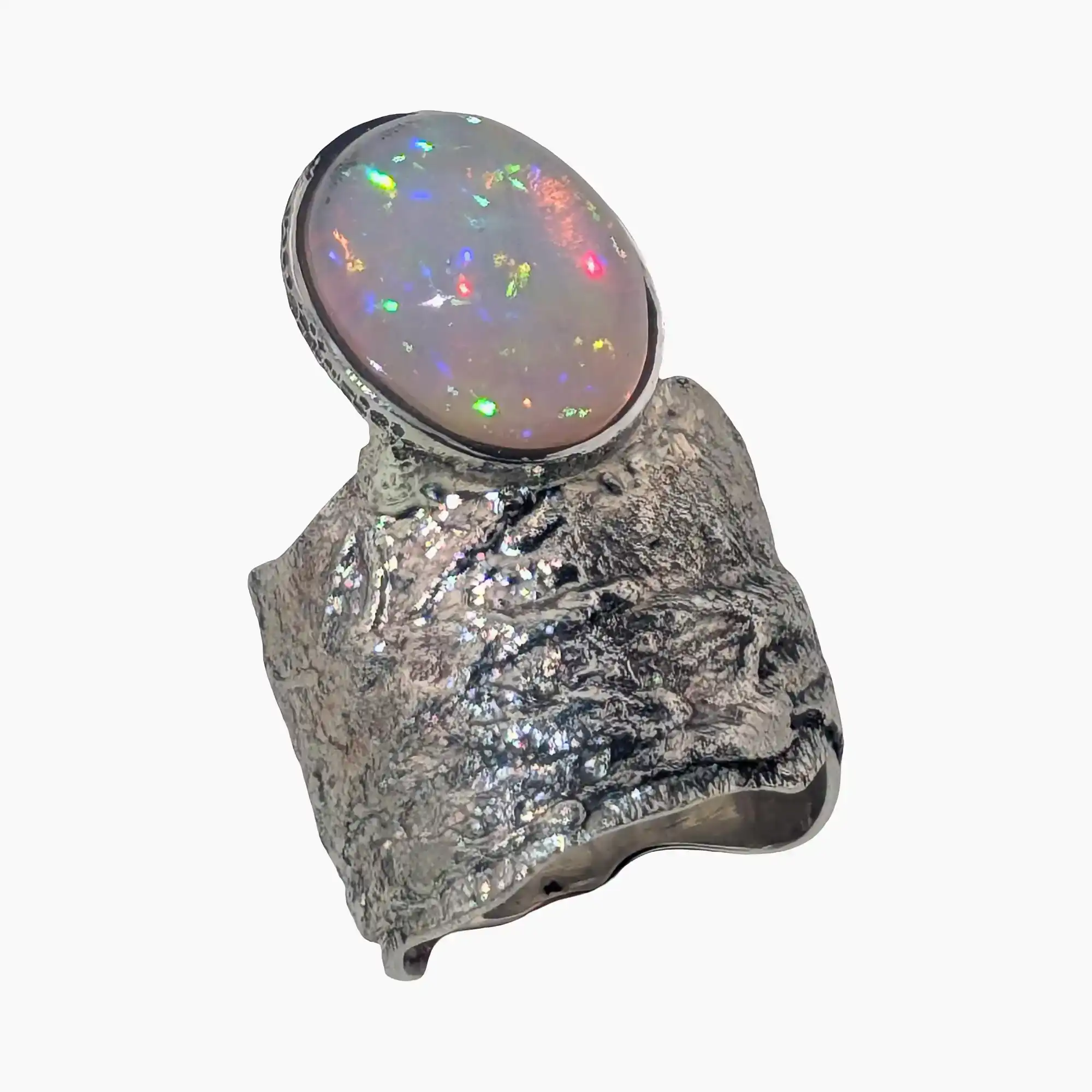 Ring with an oval 4.19-carat Eithyopian opal measuring 14 x 11mm set in sterling silver.