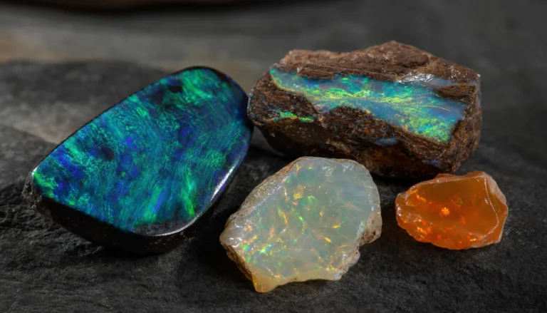 Natural opals on dark slate: black, boulder, crystal and fire opal showing play-of-color
