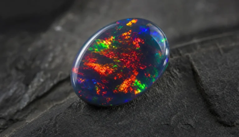Black opal with dark body tone and vivid red, orange and green play-of-color