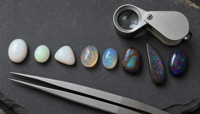 Loose opals graded from pale white to vivid black opal beside a jeweler's loupe
