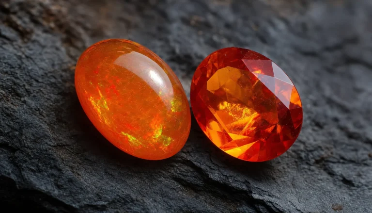 Mexican fire opal cabochon and faceted fire opal in vivid orange and red on dark slate