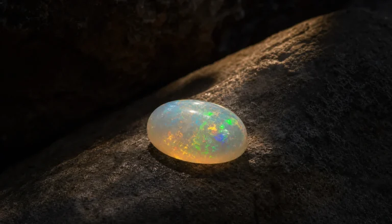A luminous opal on dark stone lit by a soft warm light