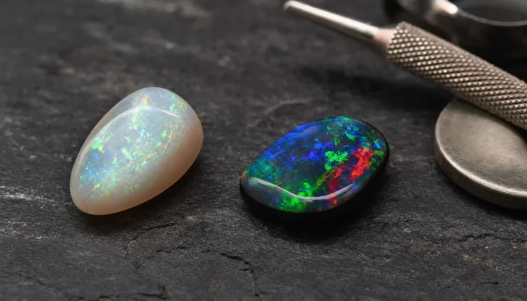 Fine Australian opals with bright blue, green and red play-of-color on dark slate
