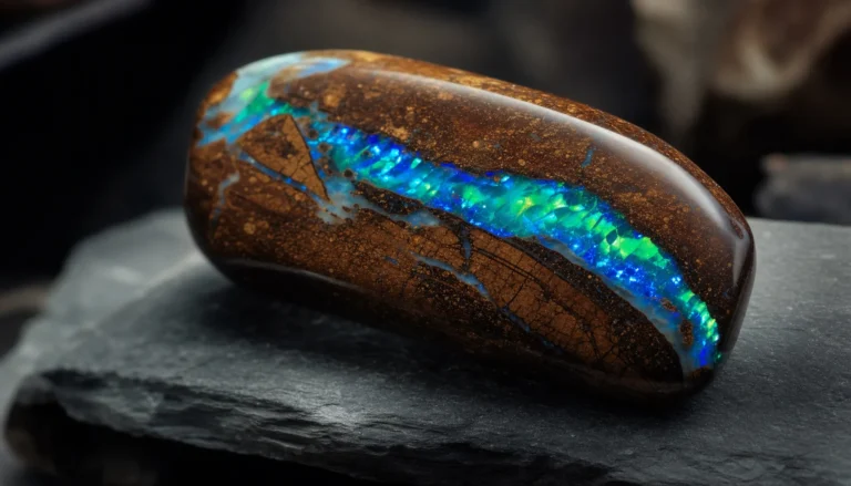 Polished boulder opal with a blue-green opal vein in brown ironstone on dark slate