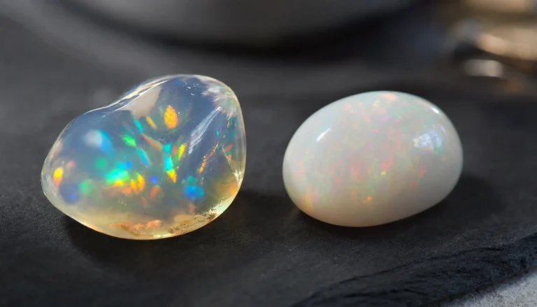 A translucent crystal opal and a milky white opal side by side on dark slate