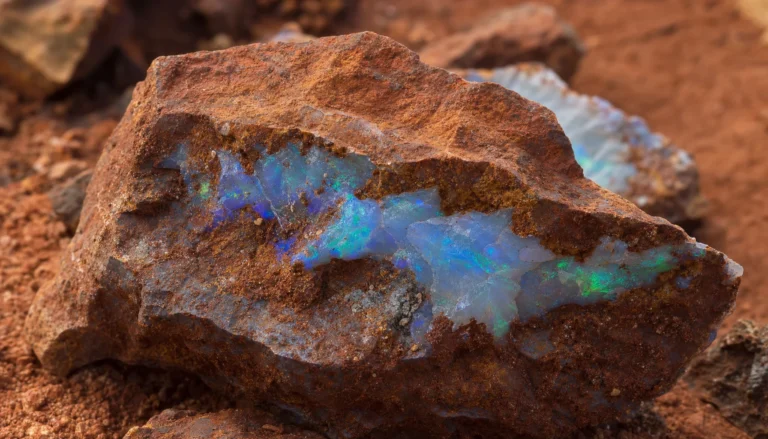 Seam of precious opal running through reddish-brown ironstone host rock