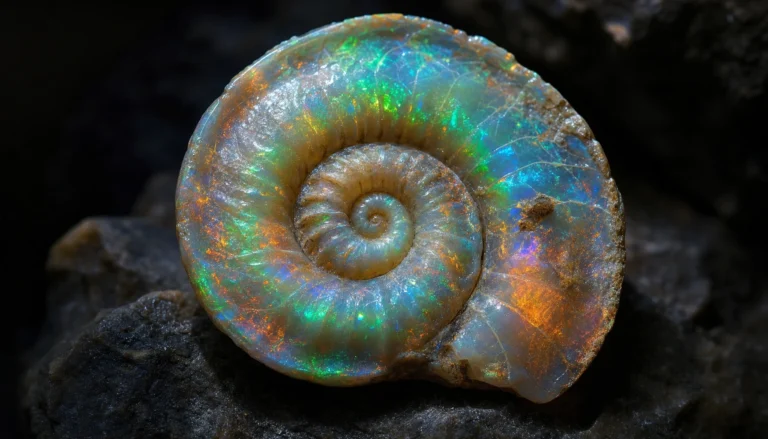 Opalized spiral seashell fossil glowing with blue-green play-of-color