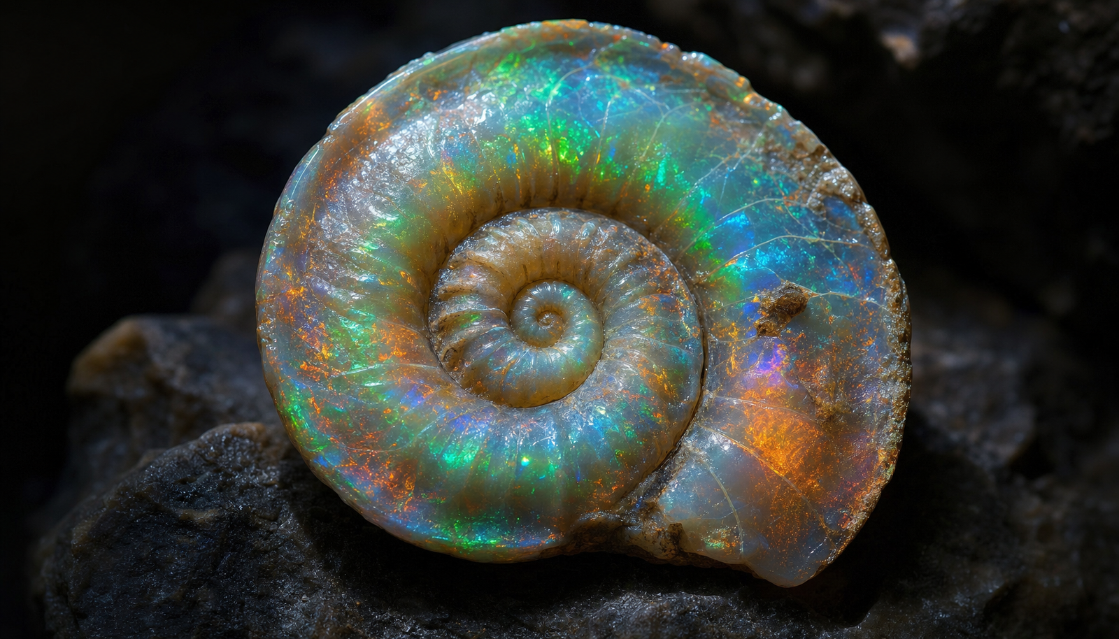 Opalized spiral seashell fossil glowing with blue-green play-of-color