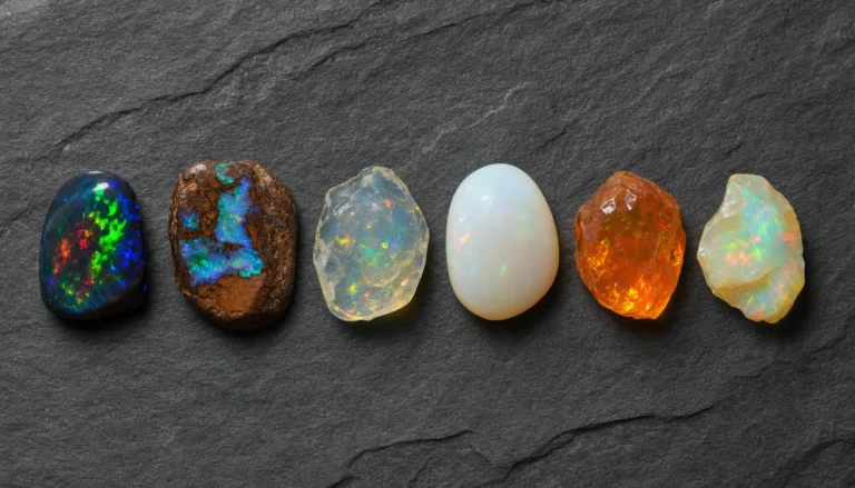 Several distinct types of natural opal arranged in a row on dark slate