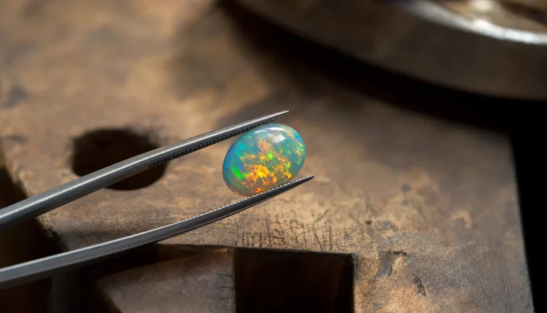 Bright precious opal cabochon held in jeweler's tweezers, showing play-of-color