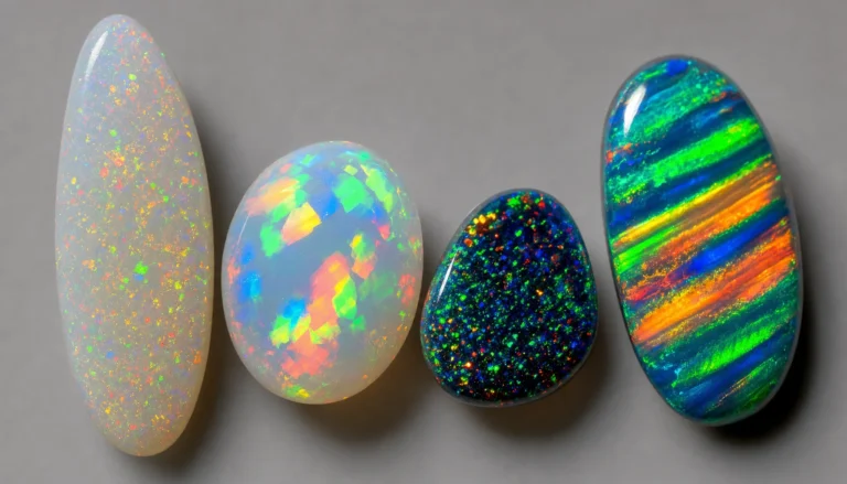 Several opals showing different play-of-color patterns side by side