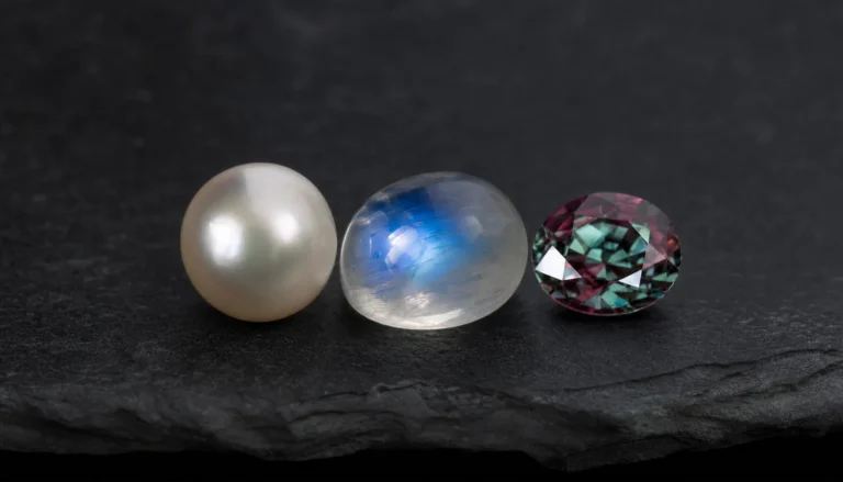 A pearl, a moonstone and an alexandrite, June's three birthstones