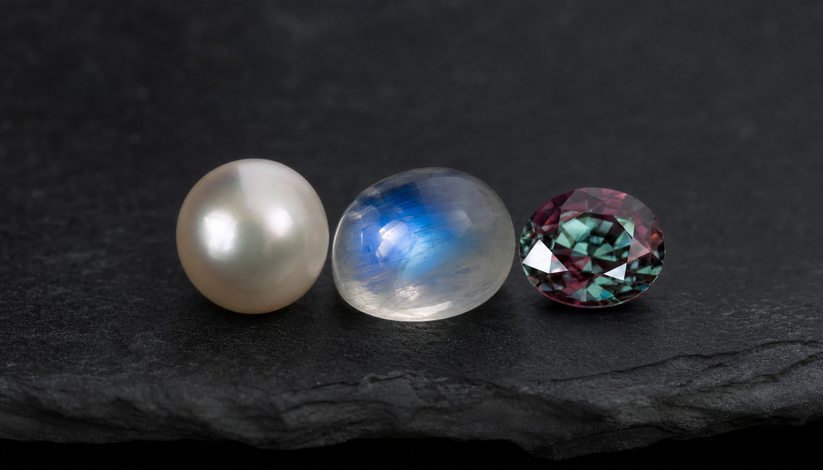 A pearl, a moonstone and an alexandrite, June's three birthstones