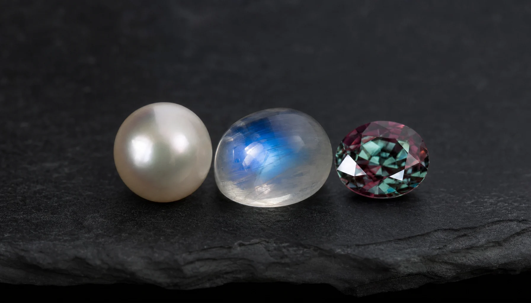 A pearl, a moonstone and an alexandrite, June's three birthstones