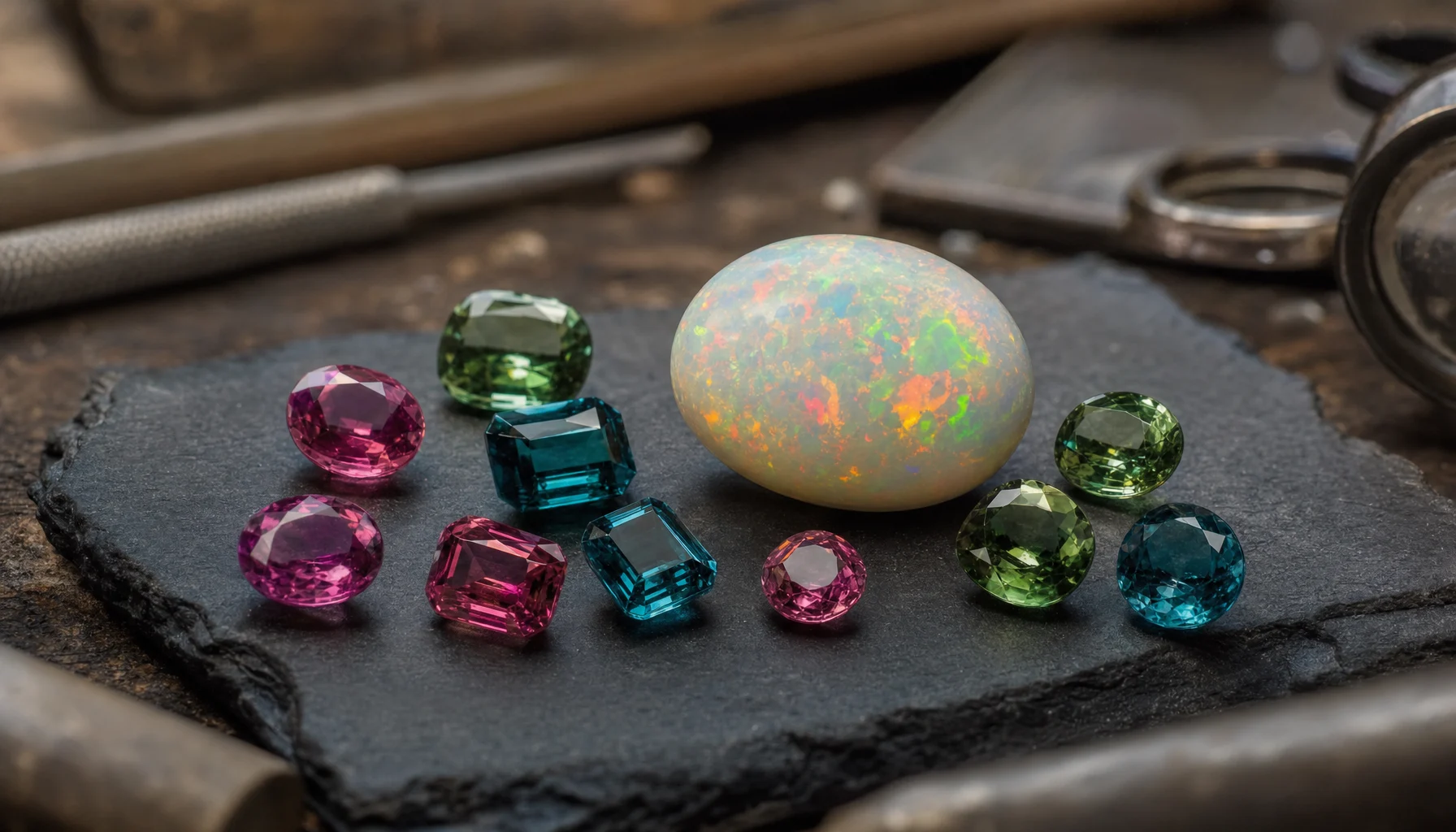 An opal and colorful tourmaline gemstones, October's two birthstones