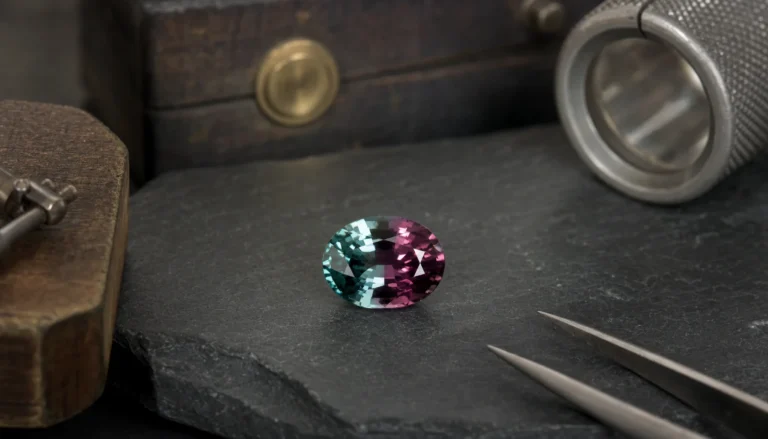 Faceted alexandrite gemstone showing its green to red color change on a jeweler's bench