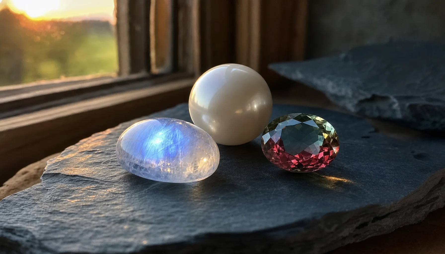 A white pearl, blue moonstone and color-change alexandrite, June's birthstones, by a window at sunset