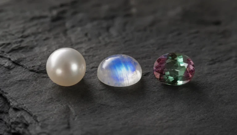 June's three birthstones in a row: a white pearl, a moonstone and an alexandrite