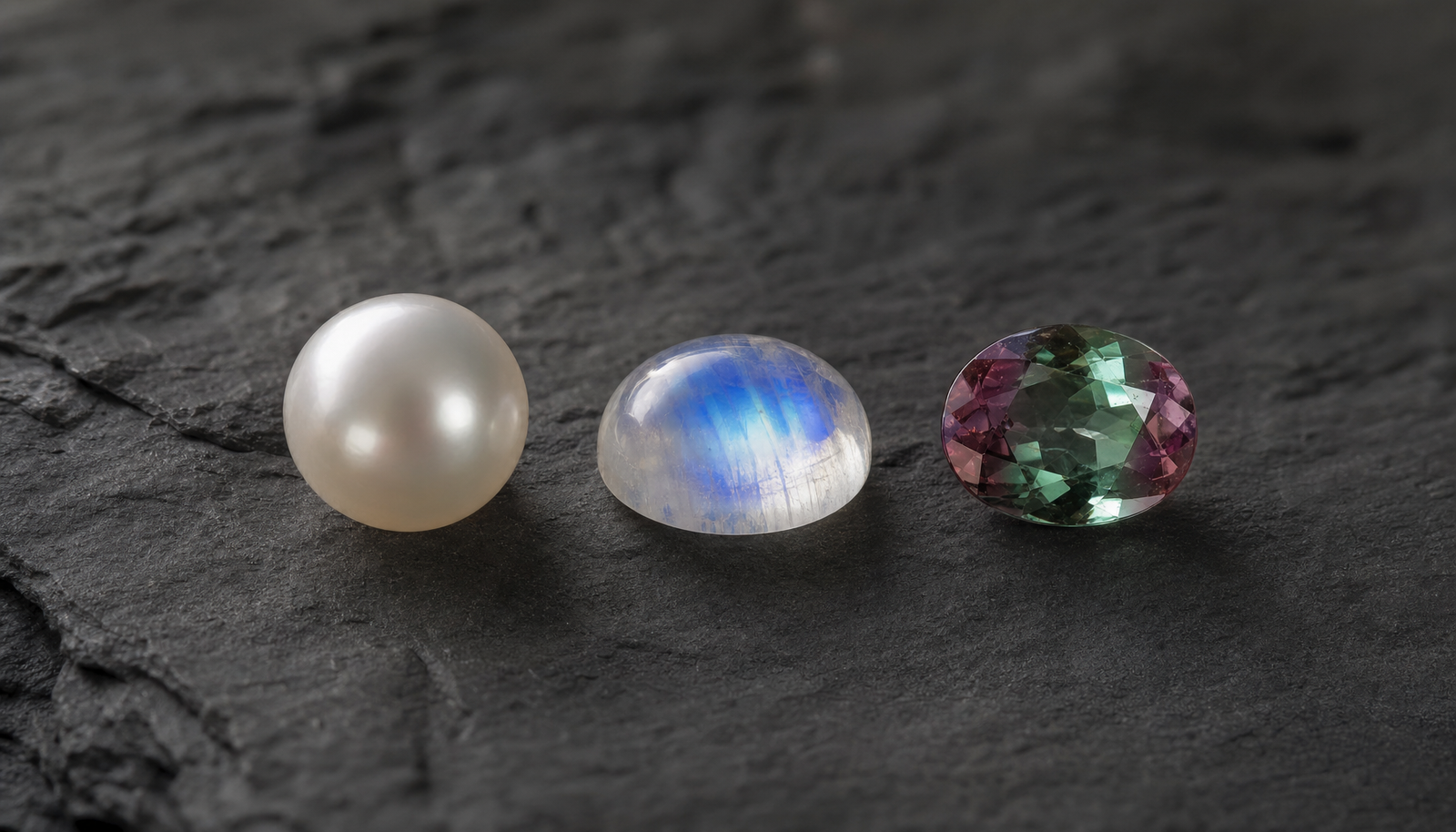 June's three birthstones in a row: a white pearl, a moonstone and an alexandrite