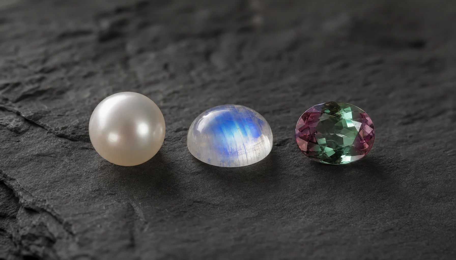 June's three birthstones in a row: a white pearl, a moonstone and an alexandrite