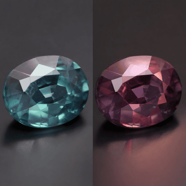 Alexandrite showing its color change from green to red