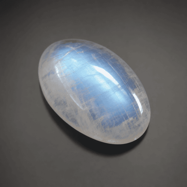 Moonstone cabochon showing blue adularescence, a June birthstone