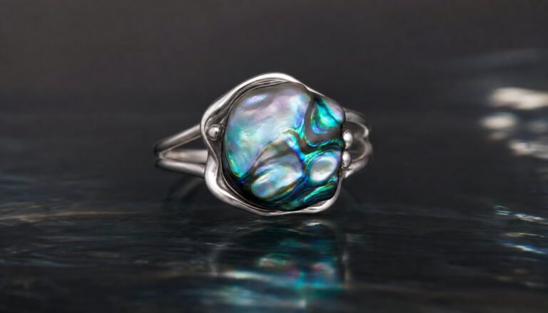 Abalone pearl ring in sterling silver showing iridescent peacock blue, green and violet colors