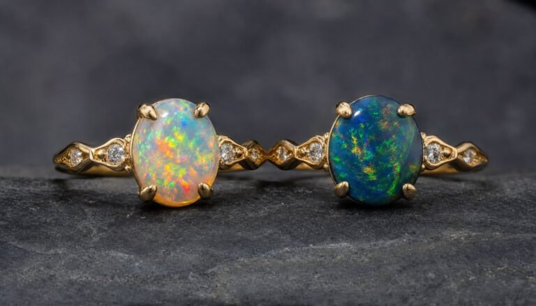 Two opal rings side by side, a bright crystal opal and a darker blue-green opal, on charcoal stone