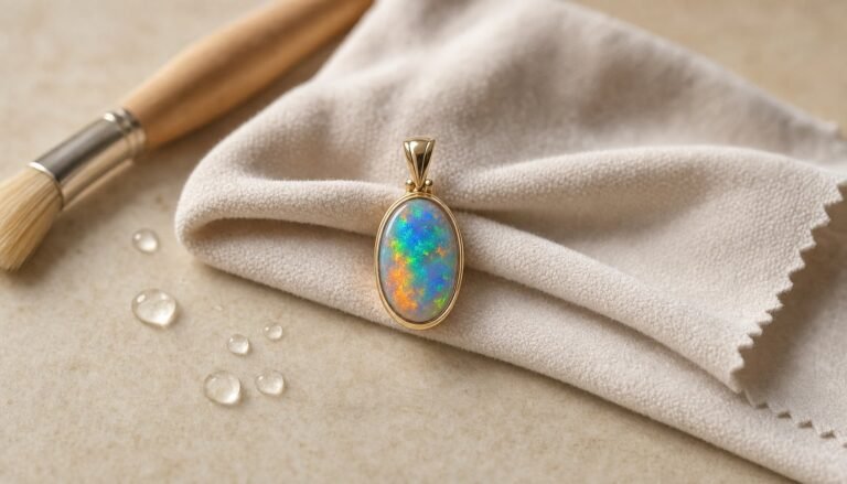 Opal pendant in 14k yellow gold resting on a soft cloth with a cleaning brush and water droplets
