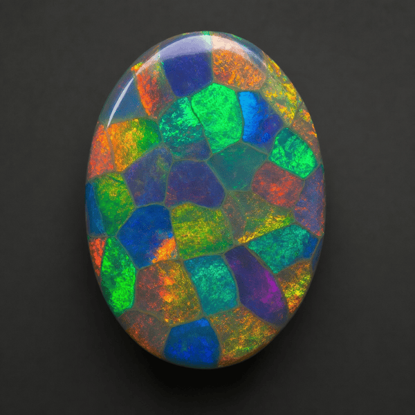 Harlequin opal with a mosaic of broad, equal patches of color