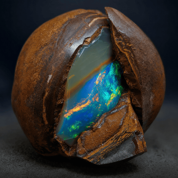Yowah nut split open to reveal a kernel of opal inside ironstone