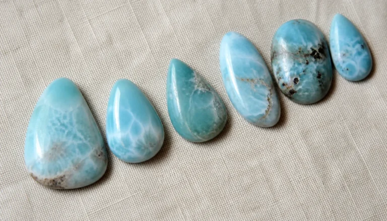 Several polished Peruvian blue opal cabochons in sky-blue and blue-green tones arranged in a diagonal line on pale linen, shot from directly overhead.