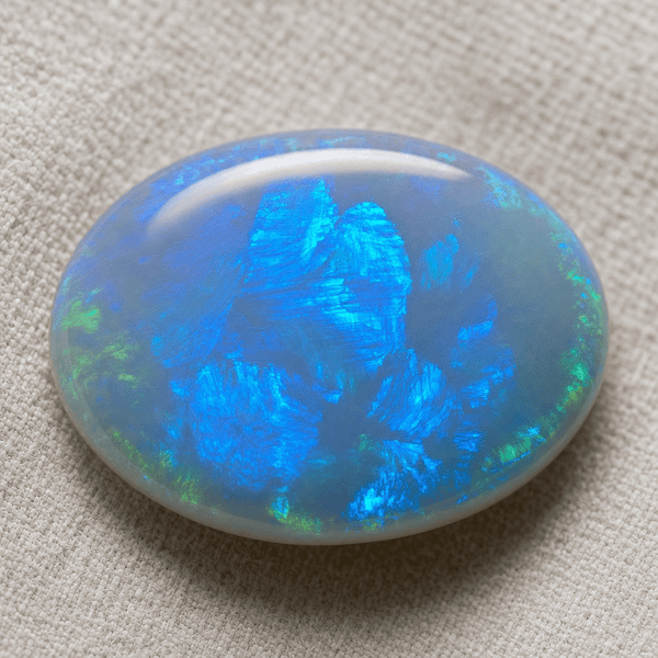Precious opal cabochon on a pale crystal body flashing broad patches of blue play-of-color