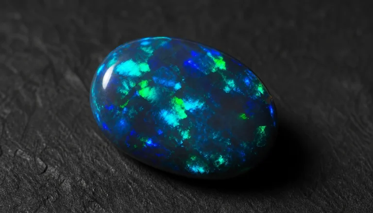 A dark opal cabochon with a gray-black body glowing with blue and green play of color, lit dramatically against a dark backdrop.
