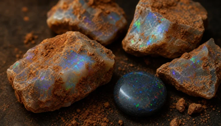 Rough opal still crusted with red outback dirt beside a cut black opal cabochon on a dark workbench.